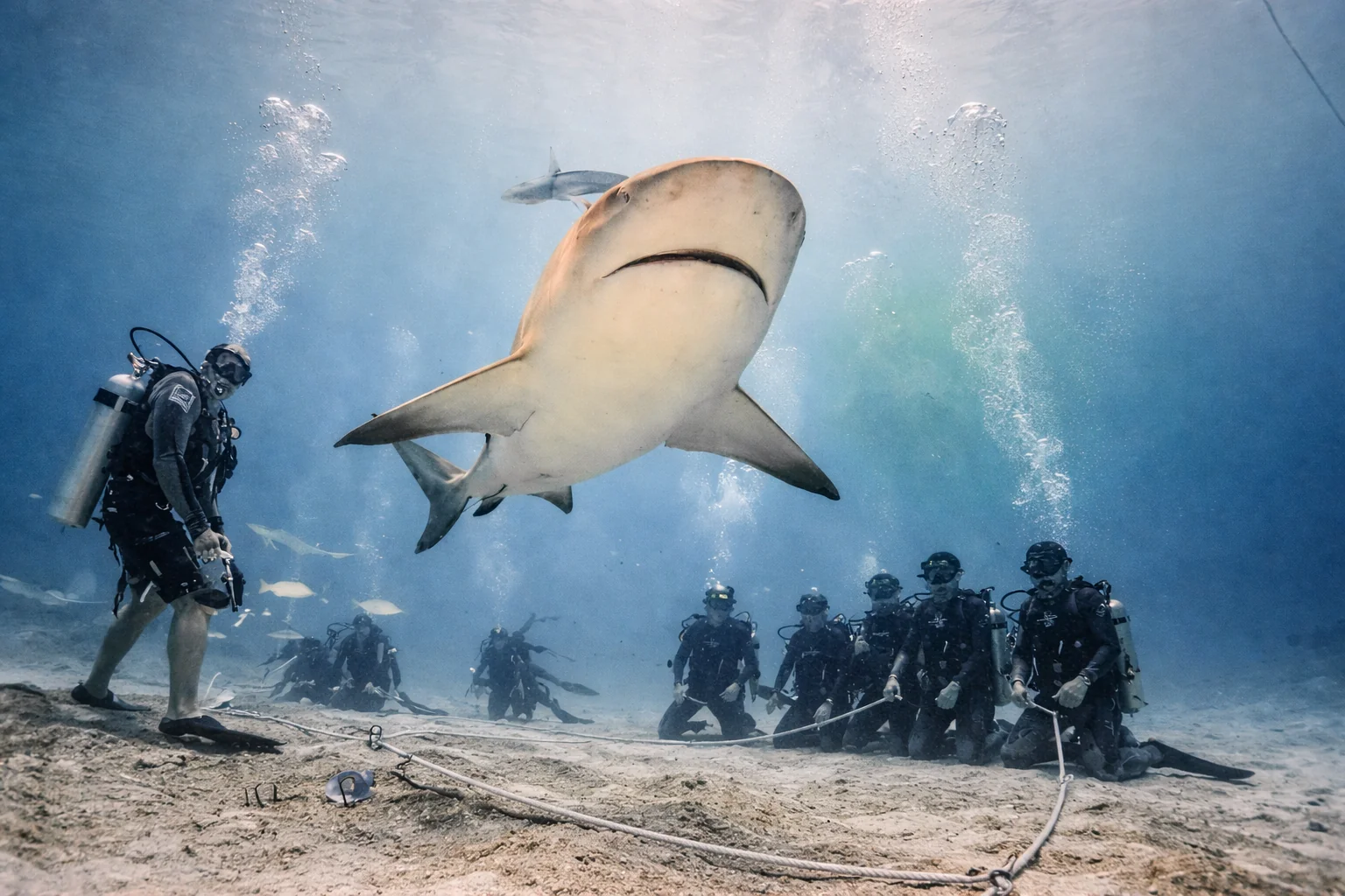 Divers lined up underwater for a bull shark dive