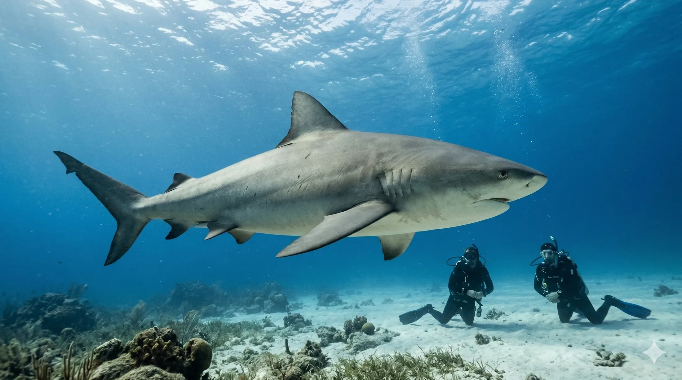 Bull shark swimming near divers in Playa del Carmen
