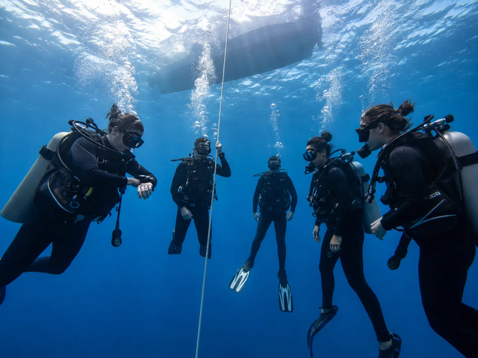 Divers holding the line during a safety stop after a bull shark dive